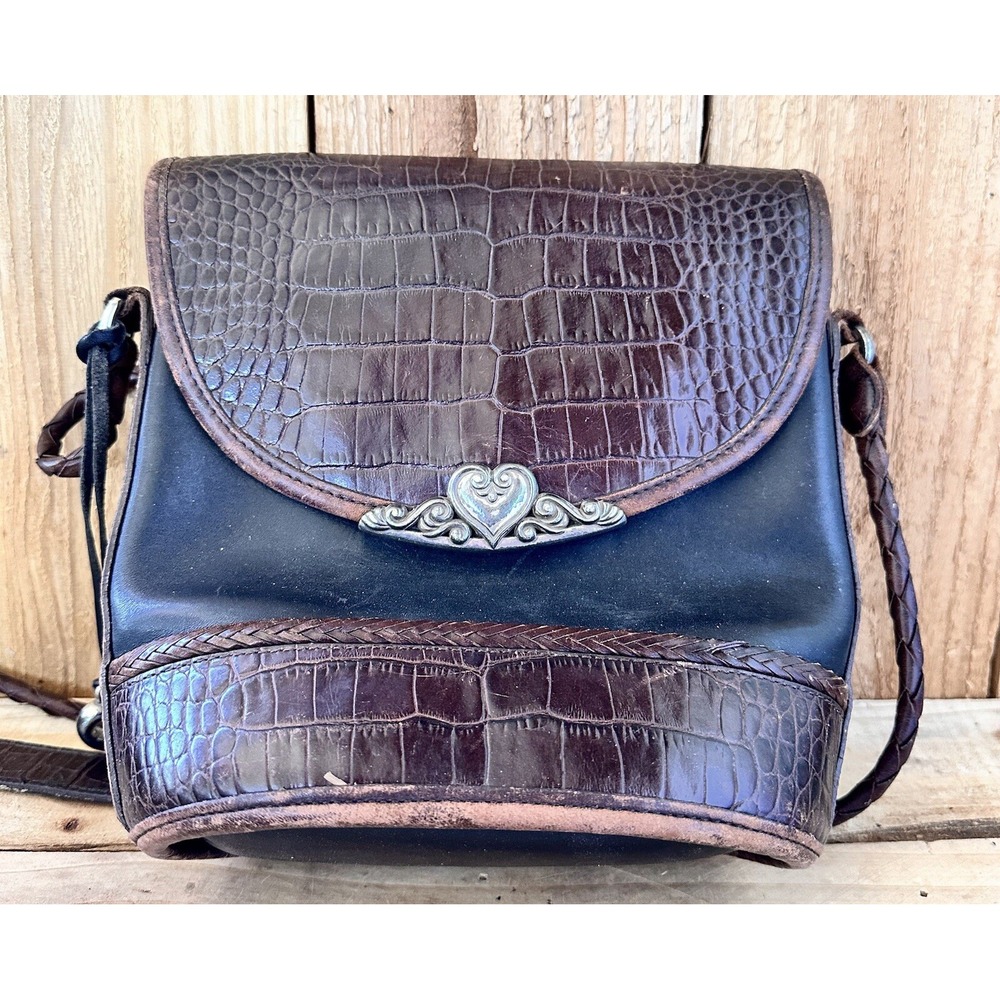 Brighton Purse Crossbody Croc Embossed Leather Brown Black Retro